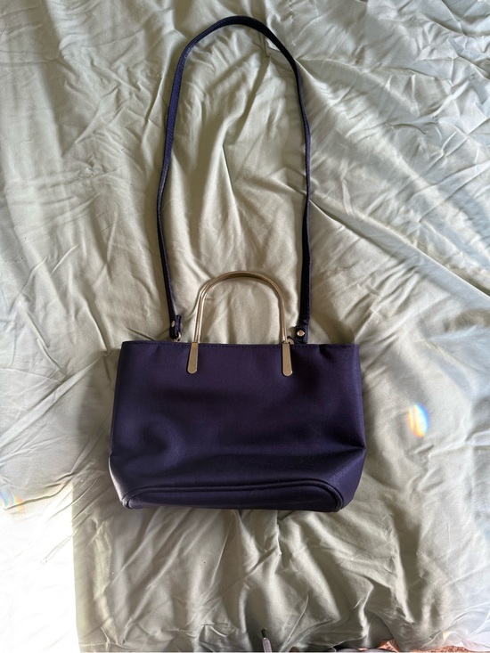 Handbags - Structured Navy Shoulder Bag with Silver Tone Handles